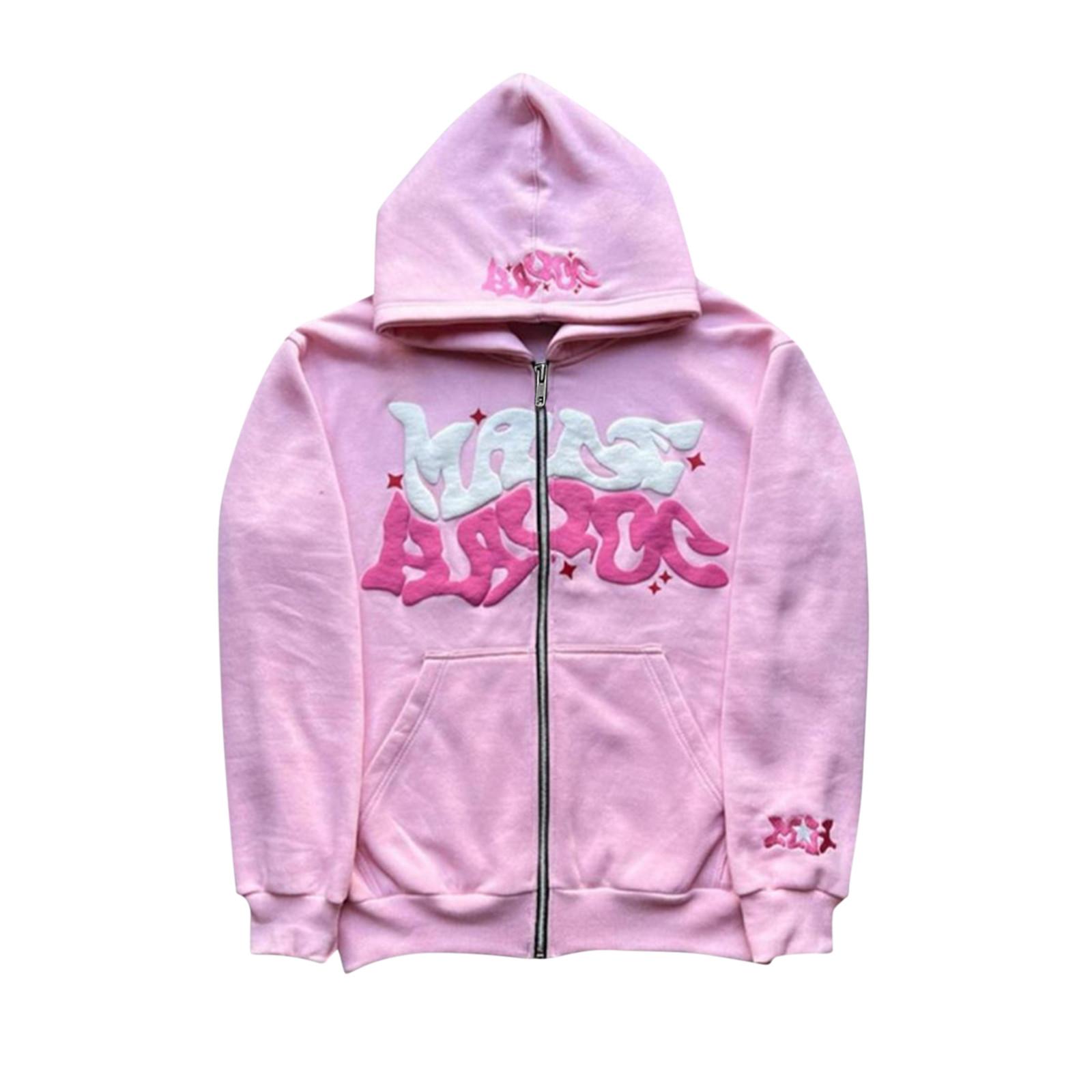 Street Fashion Print Hoodie Grafik Zip Up Hoodies Hip Hop Streetwear Übergroßen Vintage Outfit XL rosa