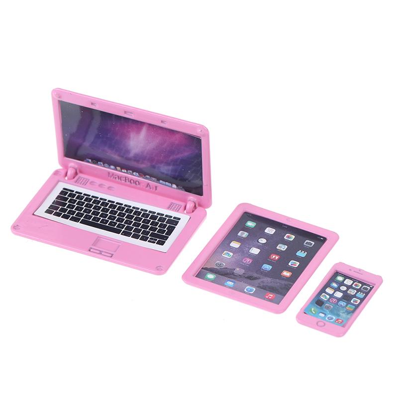 3 Teile/satz Simulation Mini Laptop Computer Tablet Handy Puppenhaus Miniatur 1:12 Legierungshandwerk-Puppenhaus-Dekor-DIY-Zubehör rosa