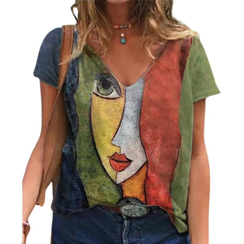 Frauen 3D Druck V-ausschnitt T-shirt Sommer Casual Oversize Drucken Tops Lose Vintage Weibliche T Streetwear Kurzarm Kleidung s-5XL S