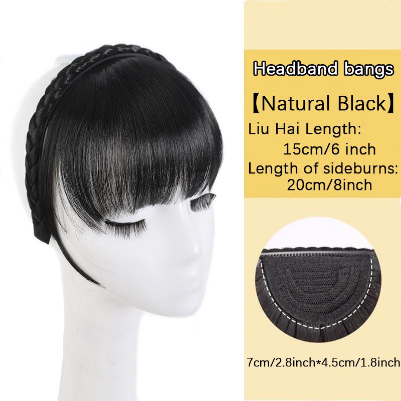 Elegante Damen-Stirnband-Pony-Perücke Koteletten glattes Haar geflochtenes Stirnband synthetische Perücke für den Alltag Perückenzubehör