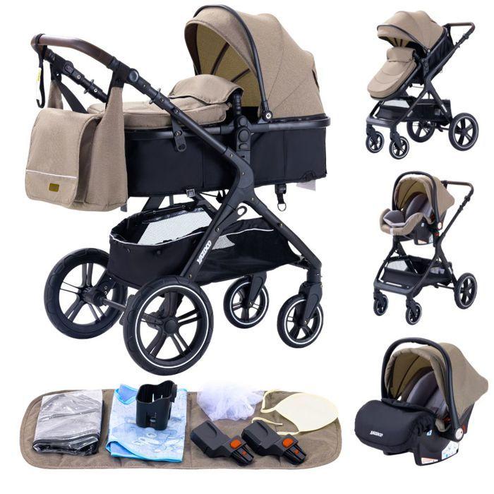 YAZOCO - 3-in-1 Kinderwagen Baby Kombikinderwagen Autositz Tragewanne Trio Wendbar Verstellbar Hohe Qualität Pannensichere Räder Khaki braun