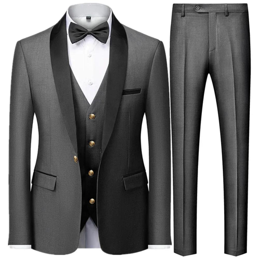 Herrenanzug Groomsmen Regular Fit Smoking 3-teiliges Set Jacke+Hose+Weste Blazer Hosen L grau