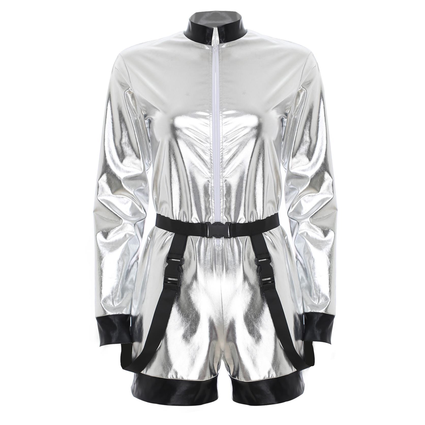 Frauen Metallic Shiny Astronaut Overall mit Taille Gürtel Boyshorts Bodysuit Dress-Up Kostüme Halloween Karneval Weltraum Uniform L silber
