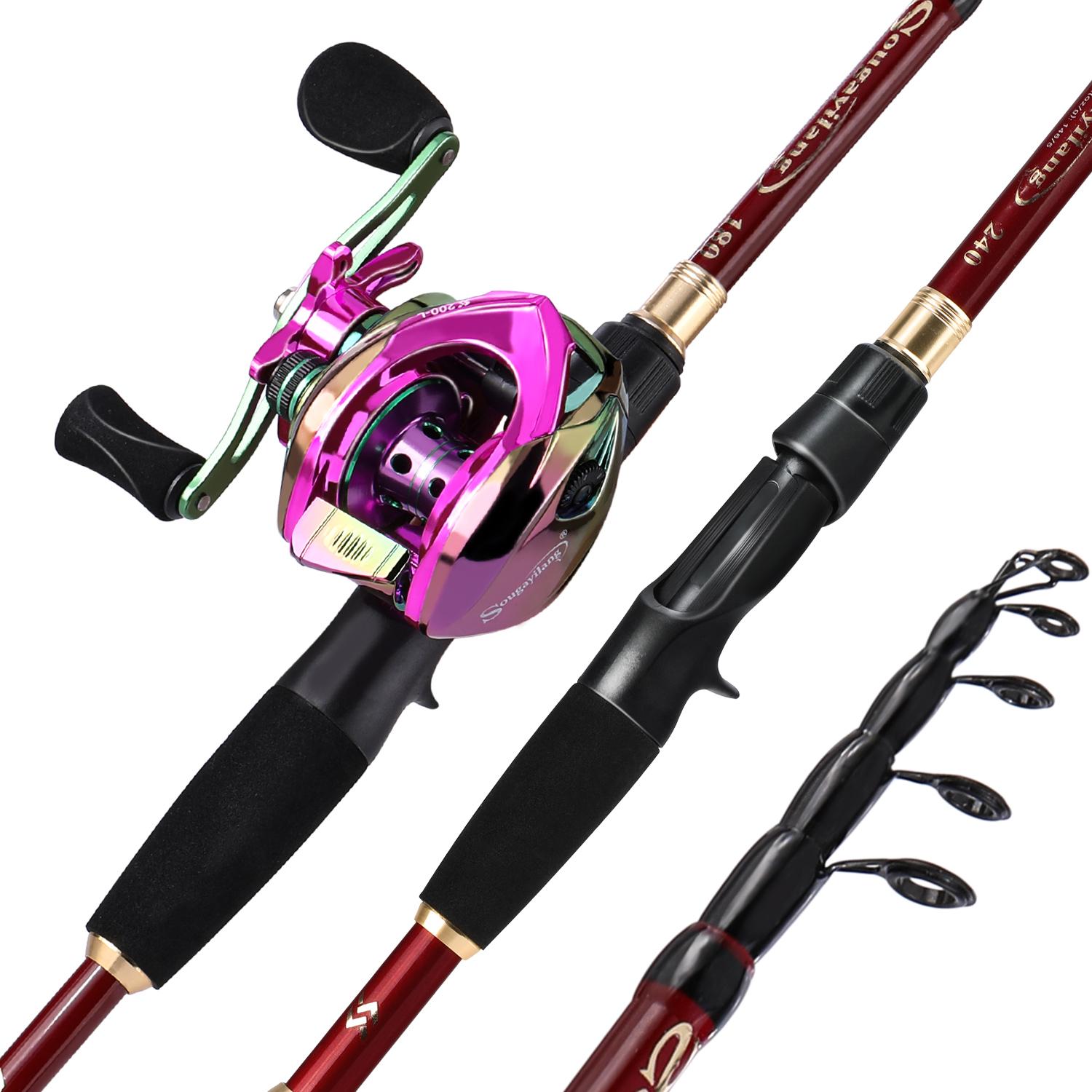 Teleskop Angelrute 12 + 1BB Baitcastingrolle Bass Süßwasser Salzwasser Outdoor Reise Angelgerät Angelrute Combo 1.8M&Right had violett/rot