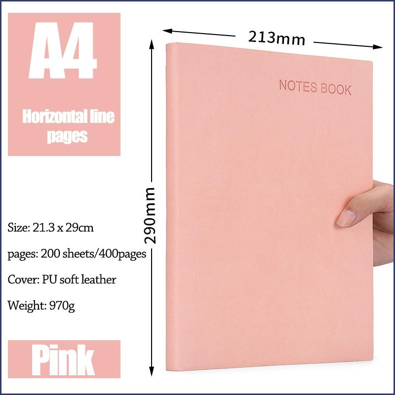 A4/A5 Notizbuch aus weichem Leder, verdicktes Notizbuch, Arbeitstreffen, Klassenzimmer, Aufzeichnung, Notizbuch, Tagebuch, Buch, horizontale Linie, Innenseite A4 400pages rosa