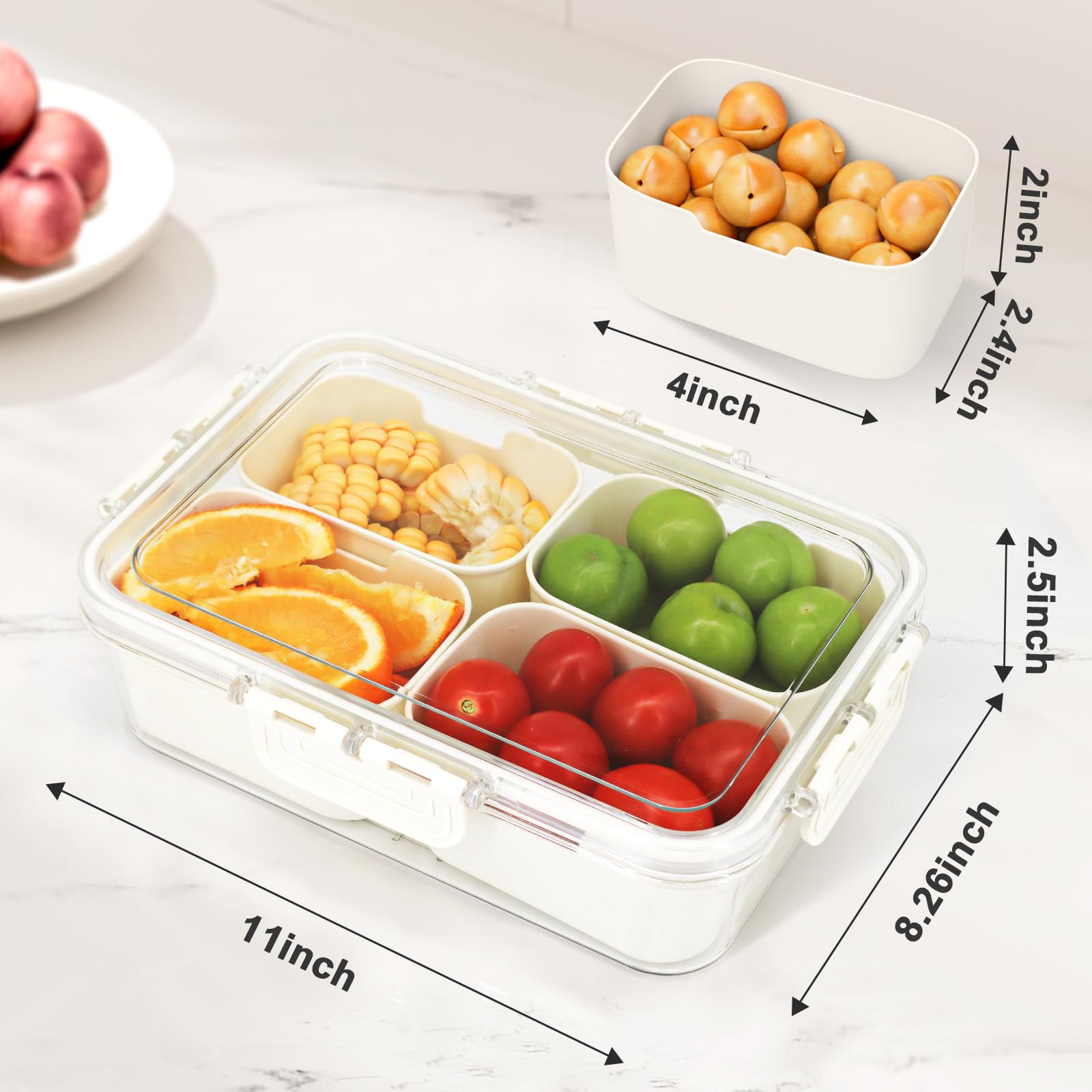 Tragbarer Snackle Box Behälter Geteilte Servierplatte mit Deckel und Griff Klarer Snackbox Organizer für Obst Süßigkeiten, Snacks beige