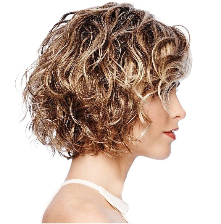 Neue Damen Seiten gescheitelte kurze lockige Haare flauschig modisch goldbraun gemischte Farbe Birne lockige Perücke 22inch goldbraune