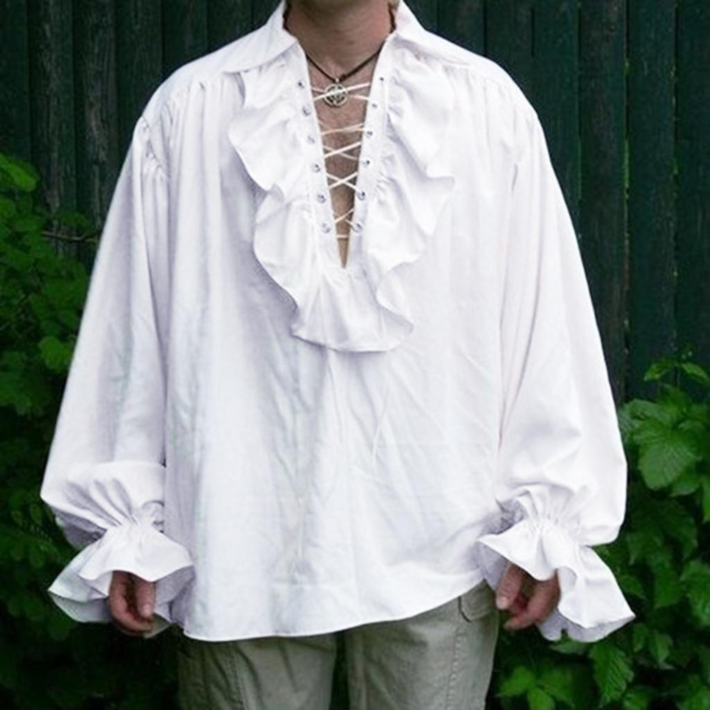 Herren Retro Hemd Revers plissiertes bauschärmeliges Hemd XL weiß