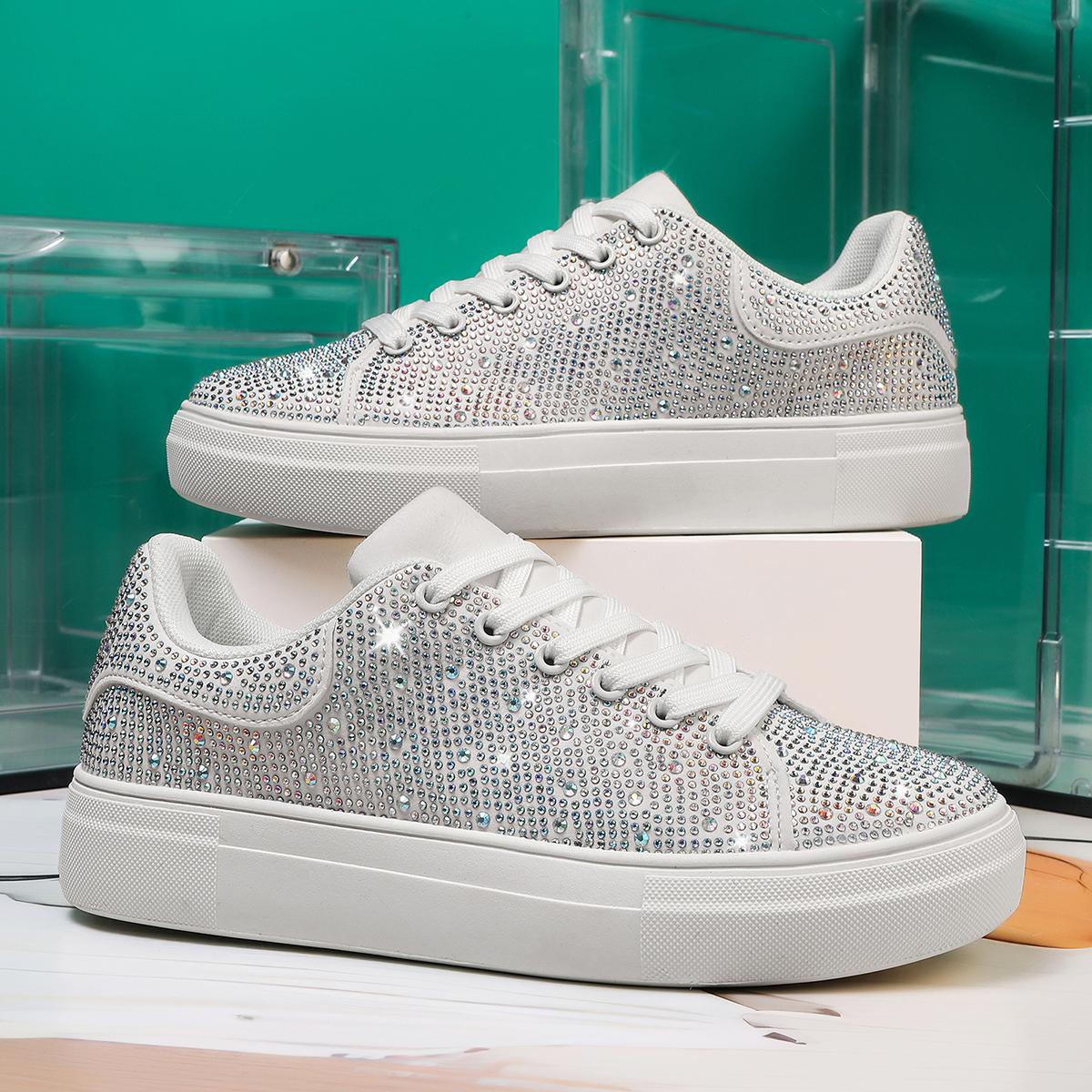 TUINANLE Damen Plateau Schuhe Strass Dicksohlige Pinke Designer Schuhe Glänzende Kristall Sneakers Trendige Lässige Sneakers 37 weiß