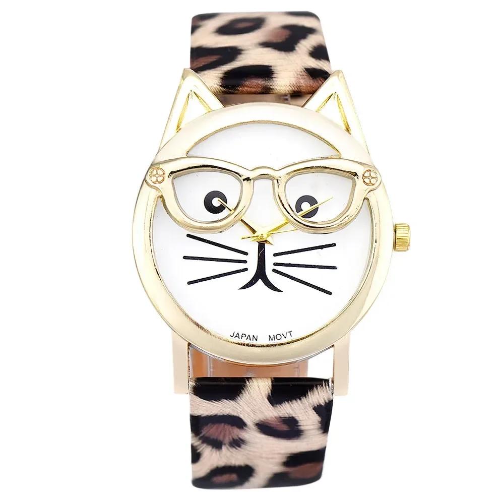 Mode Leopard Print Uhren Damen Niedliche Brille Katze Uhren Damen Kunstlederarmband Quarz Armbanduhren Bestes Geschenk Montre Femme leopard print