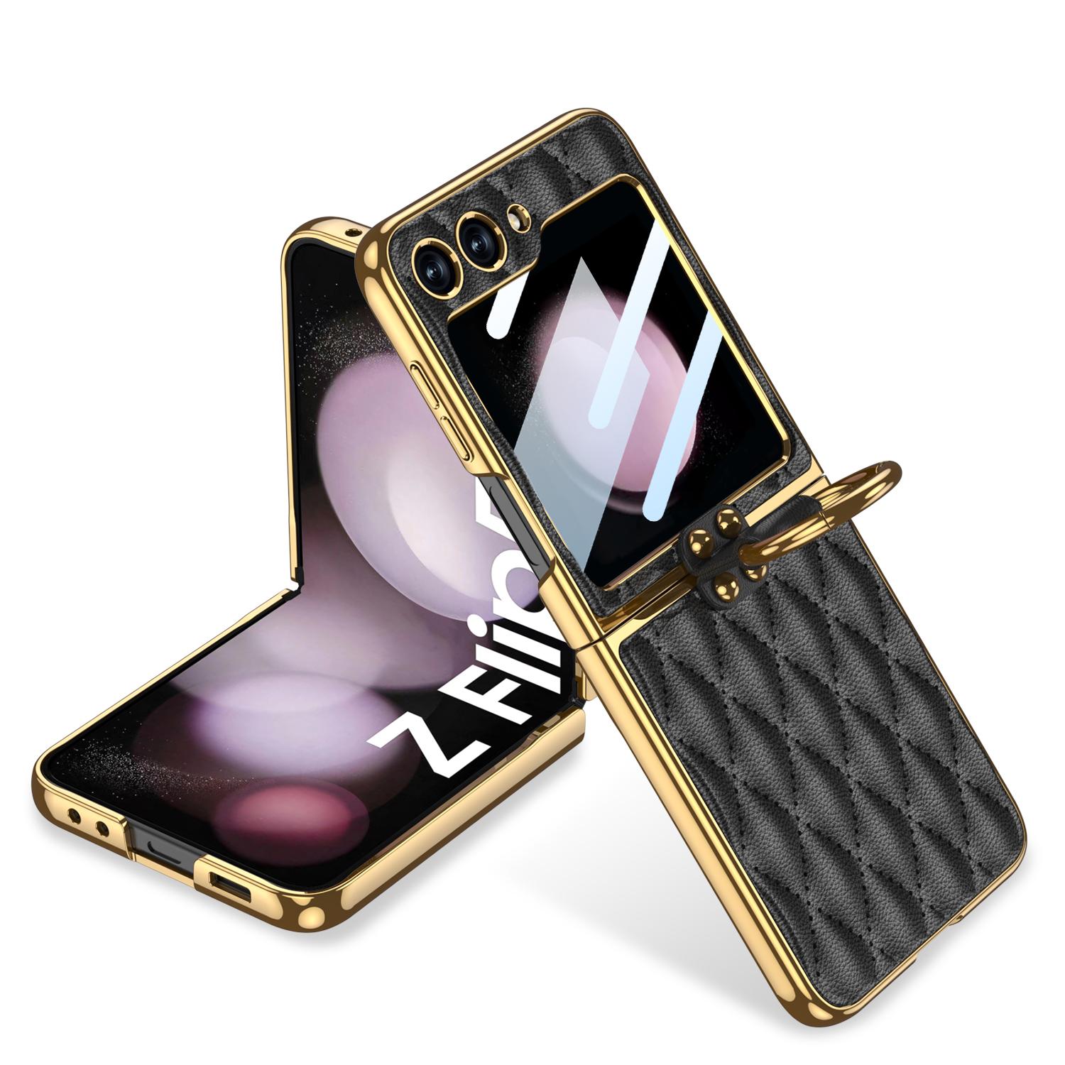 Luxus Leder Plattierung Ringhalter Hülle Für Samsung Galaxy Z Flip 5 5G Rückseite Bildschirm Glas Hartschale Für Galaxy Z Flip5 Hülle Samsung Galaxy Z Flip 5