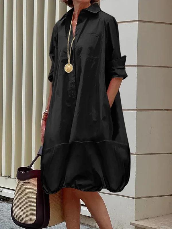 Yeezzi Damen Hemdkleid mit Kragen Frühling Sommer Langarm Locker Einfarbig Freizeit Ausgehen Büro Midi-Kleider L schwarz