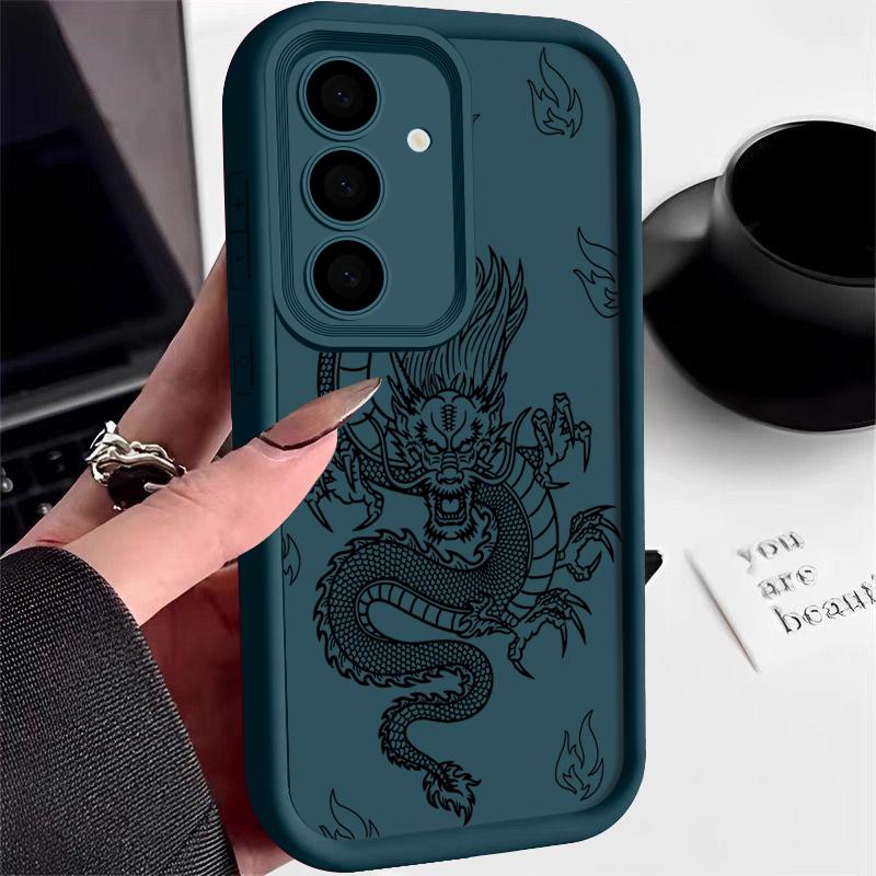 Coole Handyhülle mit Drachenmuster für Samsung S25 S24 FE S23 S22 Ultra S21 A55 A35 A54 A34 A52 A14, weicher Linsenschutz aus Silikon, stoßfeste Stoßstangenabdeckung Samsung S21 FE blau