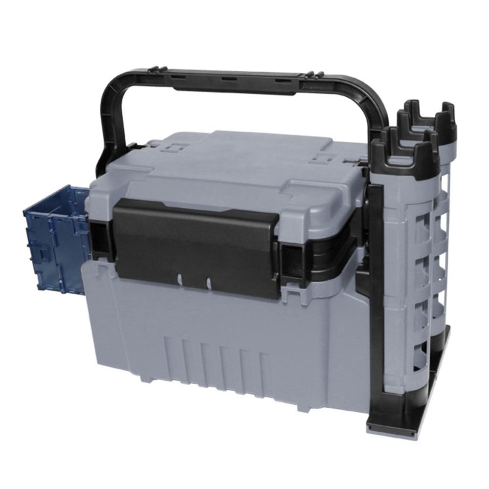 Angelbox, Reise-Angelkoffer, Box mit Flaschenhalter und Rutenständern grau