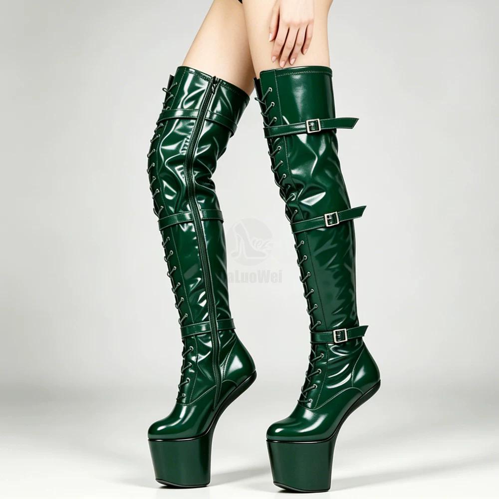 Oberschenkelhohe Stiefel JIALUOWEI 20 cm Plattform mit extrem hohen Absätzen zum Schnüren, Fetisch, ohne Absatz, Pferd, Hengst, Hufsohle, Overknee-Stiefel, hohe Stiefel im Schritt 37 olivgrüne