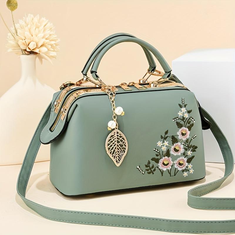Kleine elegante florale Handtasche Mode Elegante floral bestickte Handtasche für Damen Schulter-Umhängetasche Polyester gefüttert mit Reißverschluss grün