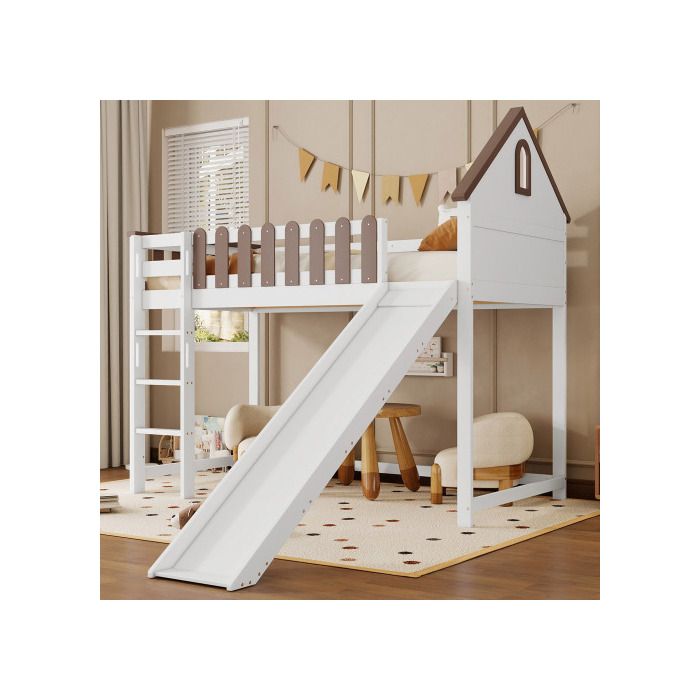 Hochbett - MUVOE - 90x200cm - Weiß + Nussbaum - Gerade Leiter - Rutsche weiß