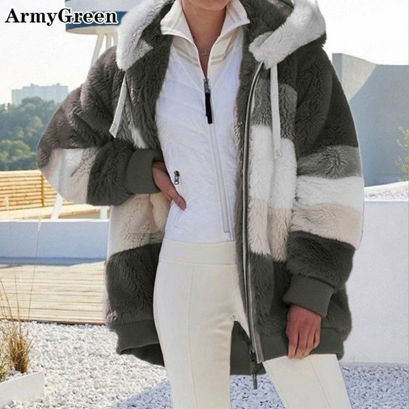 Neue Winter Damen Jacke Mit Kapuze Warme Plüsch Lose Jacke für Frauen Patchwork Winter Oberbekleidung Faux Pelz Zipper Damen Parka mantel XXXXL armee grüne