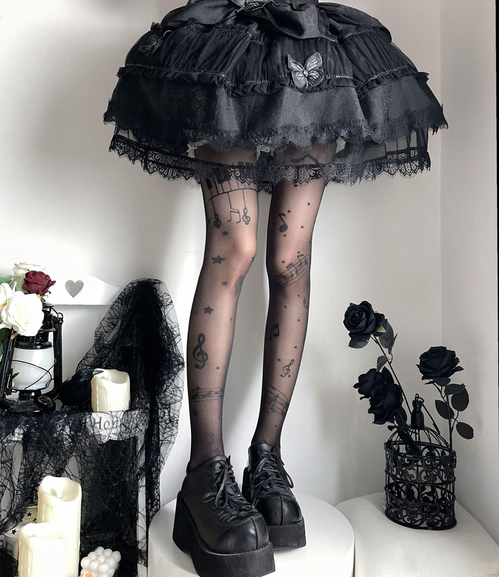 Musikalische Note Schwarze Strumpfhosen Symbol Druck Lolita Strumpfhosen Damen Strumpfwaren Süß Hoch Y2K Mädchen Strumpfhosen Club Party Strumpfhose M