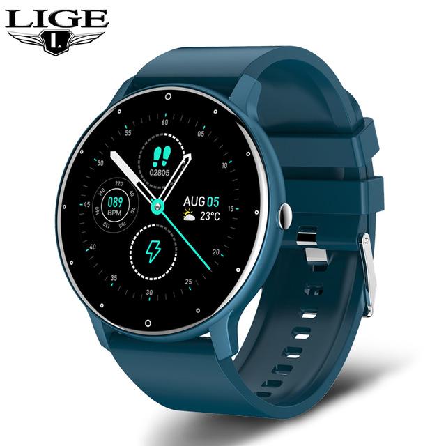 LIGE Smartwatch mit 1,28-Zoll-Bildschirm, wasserdicht mit IP67-Schutzklasse, Schrittzähler und Pulsmesser Silicone belt blau