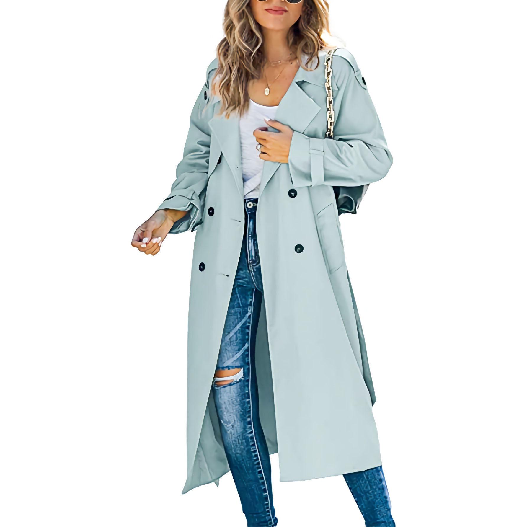 Damen Vintage Langer Trenchcoat Klassischer Zweireihiger Revers Langarm Winddichter Mantel mit Gürtel Elegante Jacken Streetwear XS hellblaue
