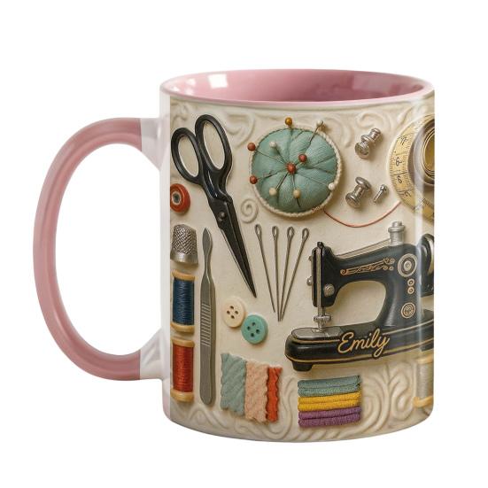 Personalisierte Näh-Tasse Gestickte Kaffeetasse mit Nähmaschinen-Design Tasse für Frauen Näherinnen Quilterinnen Bastler Kreatives Geschenk für Mama Oma Feiertag 1pc rosa