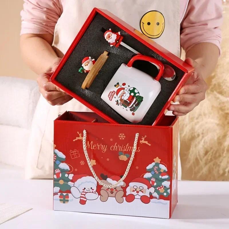 Weihnachtstasse Keramik Cartoon Weihnachtsmann Muster Kaffeetasse mit Deckel und Löffel Set Geschenkbox Kindergeschenke Büro Haushaltswaren 400ML black