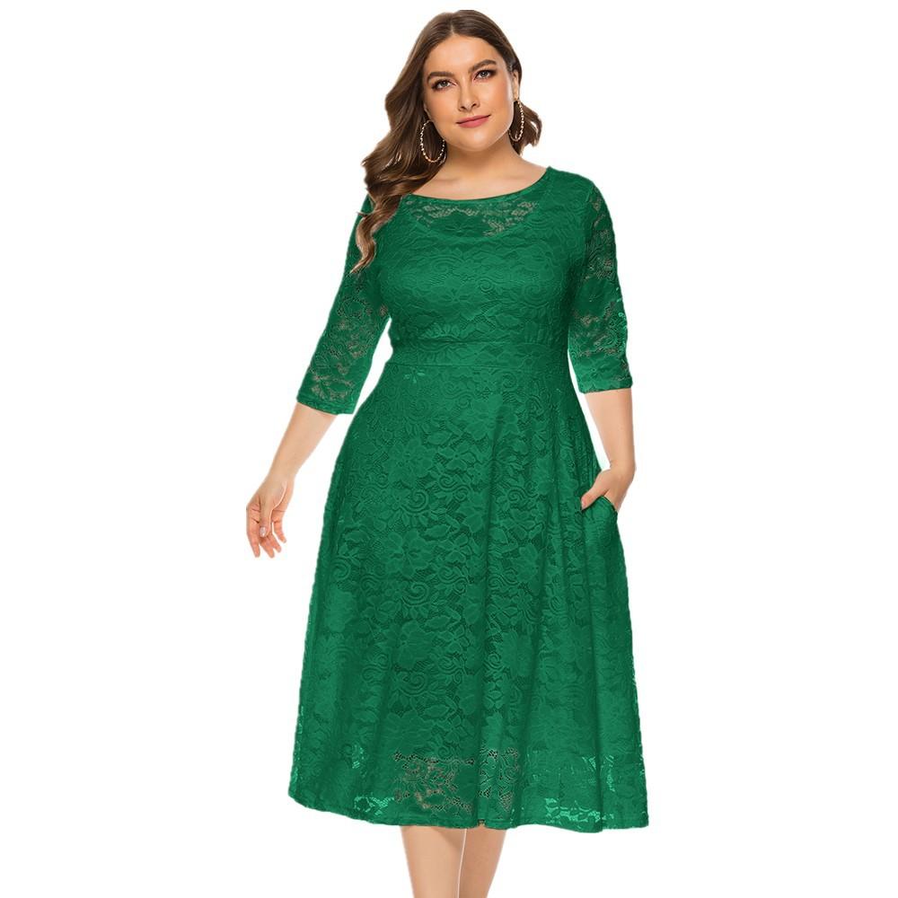 Plus Größe Xl-6xl Neue Mode Beliebte Abendkleid Mittlerer Länge Hohle Spitze Frauen Kleider Rot Weiß Schwarz Blau Grün Kleidung XXXL grün