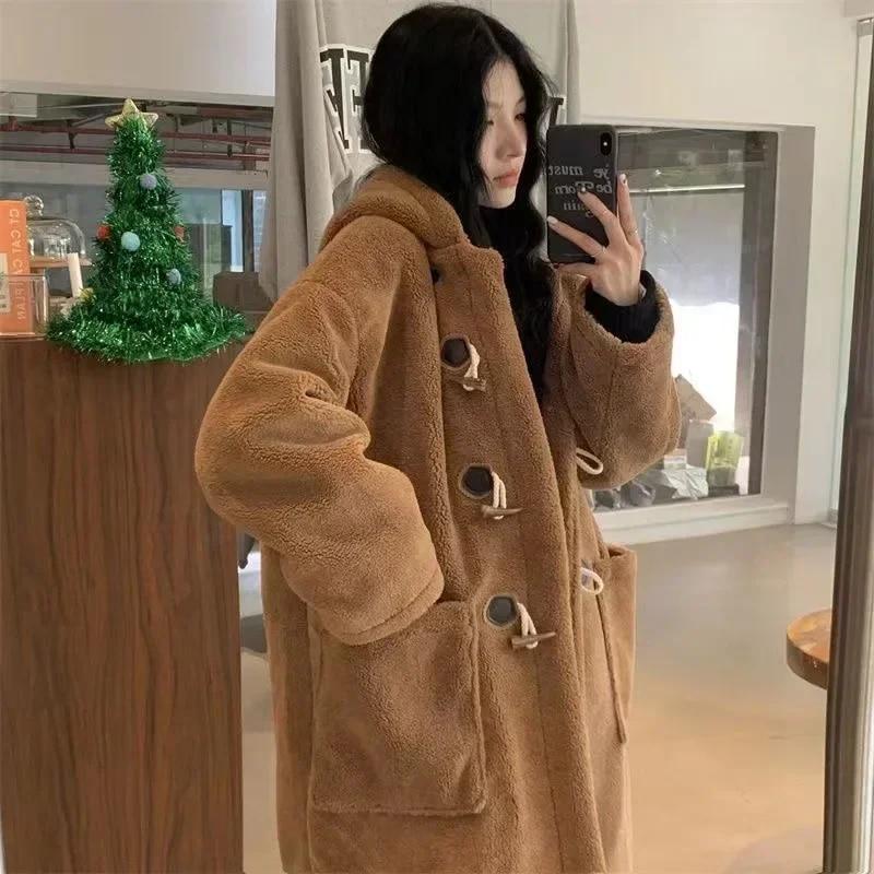 Lamm Wolle Mäntel Frau Fleece Hoodies Jacke Cowhorn Taste Lose Mantel Winter Warme Weibliche Mittlere Länge Koreanische Dicken Mantel XL braun