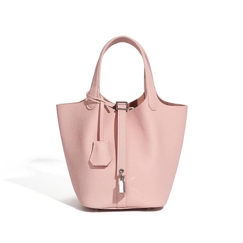 Damentasche aus echtem Leder, Gemüsekorb-Tasche, Modische Handtasche, Eimer-Tasche mit Litschi-Muster, Damen-Tasche One Size rosa