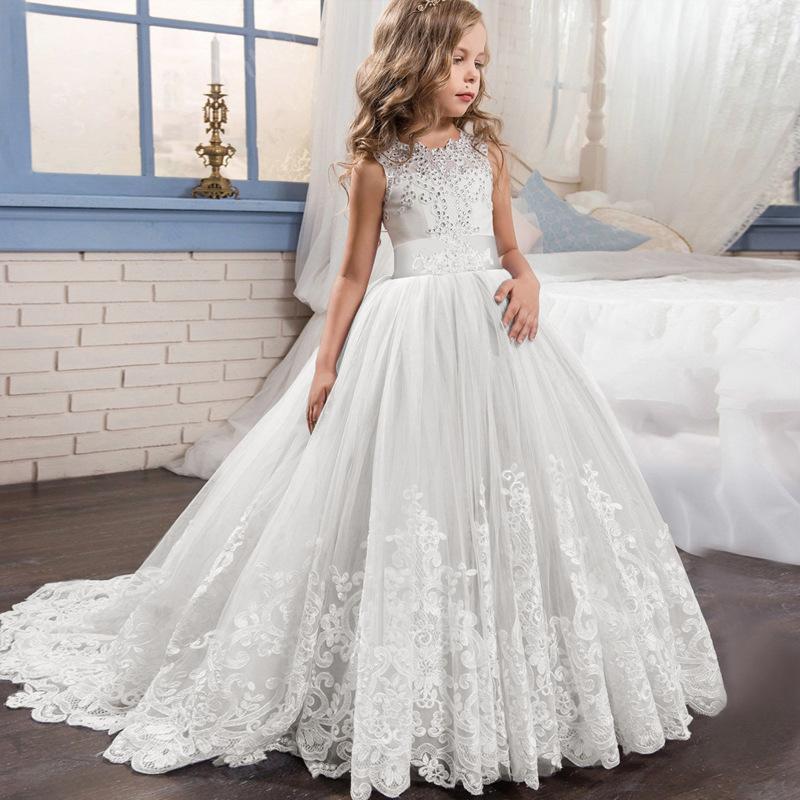 Teen Mädchen Lange Kleid Brautjungfer Kinder Kleider Mädchen Kinder Prinzessin Party Hochzeit Kleid 130cm weiß