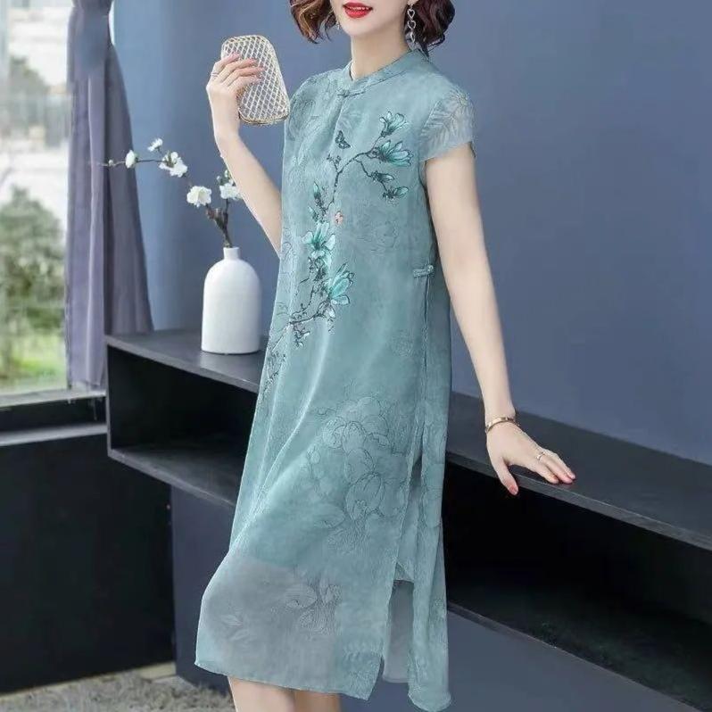 Besticktes, bedrucktes Cheongsam-Kleid für Damen, dünnes Kleid mit kurzen Ärmeln und Rundhalsausschnitt, Retro-Kleid im chinesischen Stil, Sommer XXXL grün