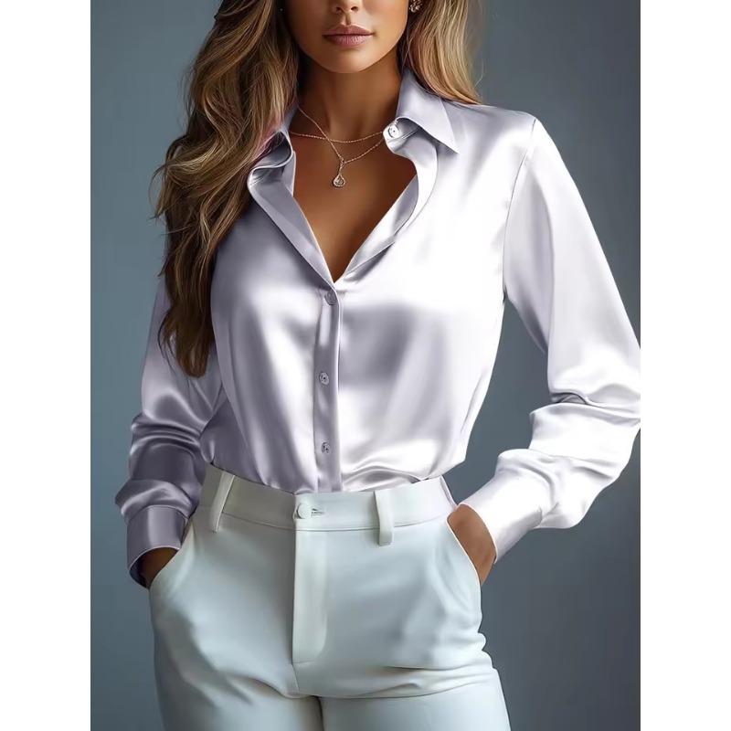 Damen Satinhemden Elegant Schlicht Langarm Bluse Büro Dame Knopfleiste Hemd Oberteil Herbst Weiblich Rundhals Shirts Bluse XL grau
