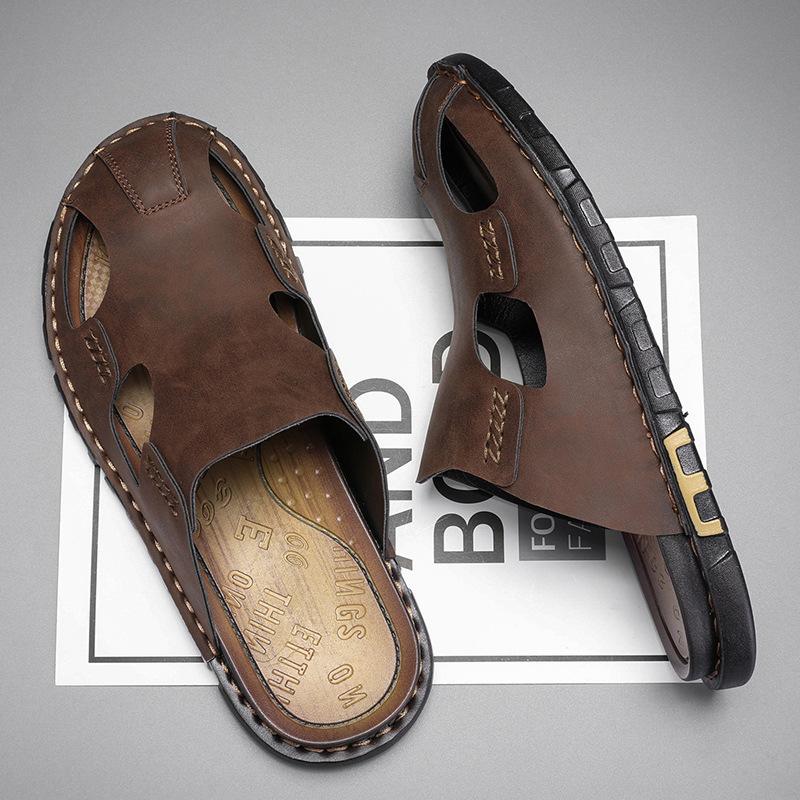 Mode Herren Hausschuhe Sommer Baotou Halbschuhe Luxus Rindsleder Hausschuhe für Herren Designer Hausschuhe 2025 Neue Lässige Strand Pantoletten 45 braun