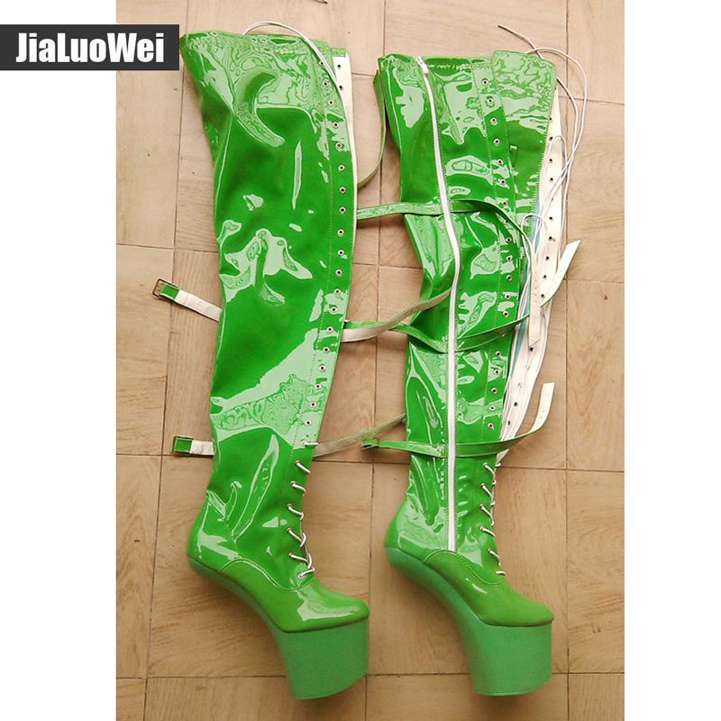Oberschenkelhohe Stiefel JIALUOWEI 20 cm Plattform mit extrem hohen Absätzen zum Schnüren, Fetisch, ohne Absatz, Pferd, Hengst, Hufsohle, Overknee-Stiefel, hohe Stiefel im Schritt 39 grün