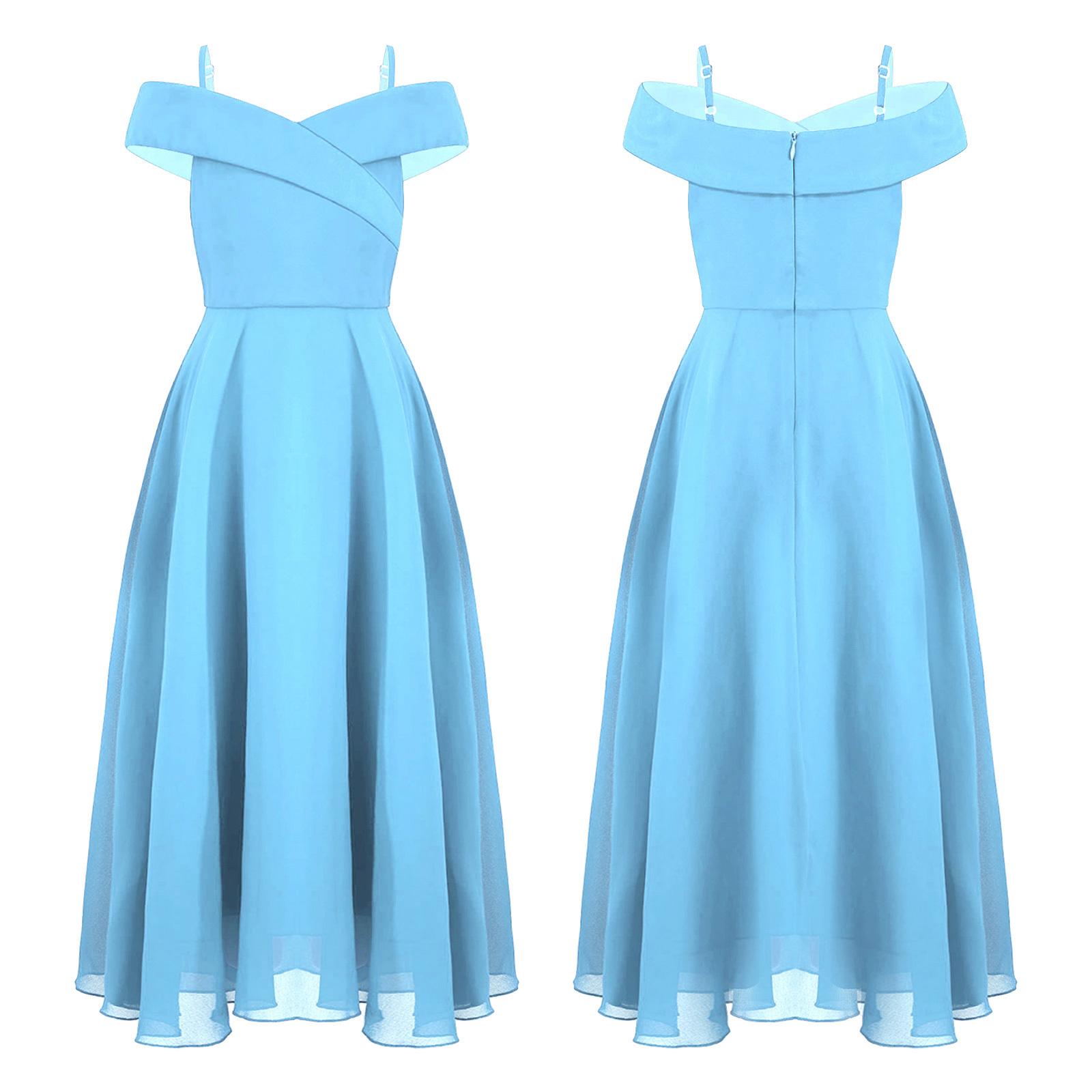 Kinder Mädchen Elegantes Chiffon Schulterfreies Brautjungfernkleid Hochzeitskleid Geburtstagsfeier A Linie Abendkleid 11-12 Years hellblaue