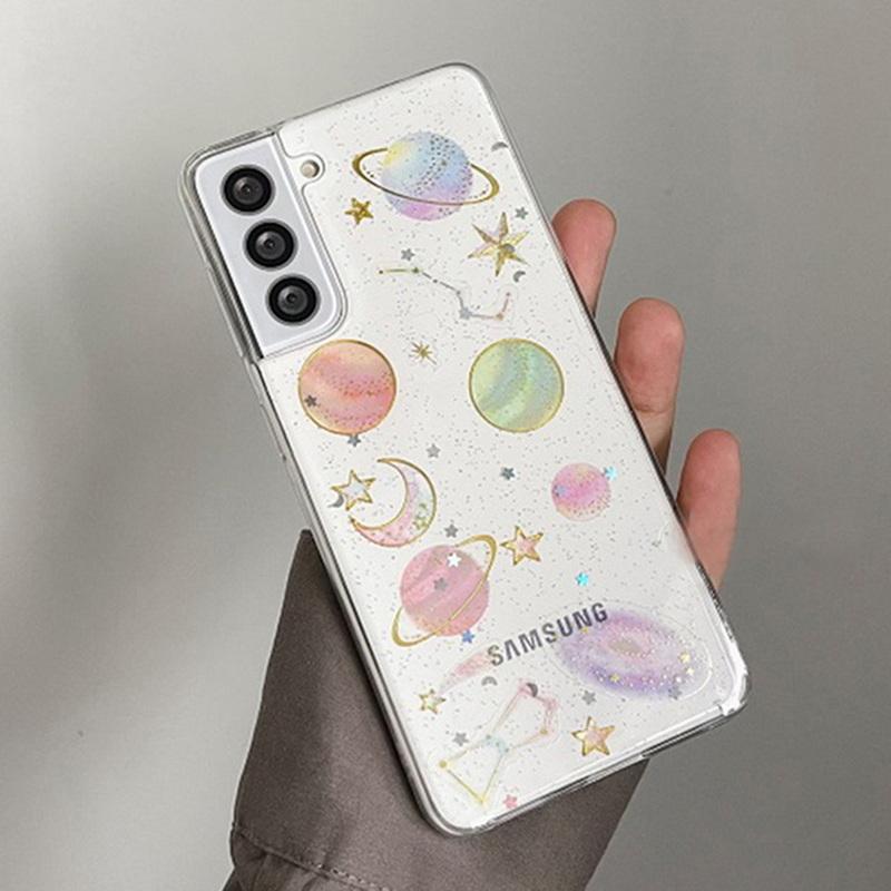 Glänzende Glitzer-Hülle „Space Planet“ für Samsung S24 Ultra S23 Plus S21 S20 FE A42 5G A73 A53 5G S22 Ultra Plus, transparente, weiche Hülle Samsung S24 Ultra transparent