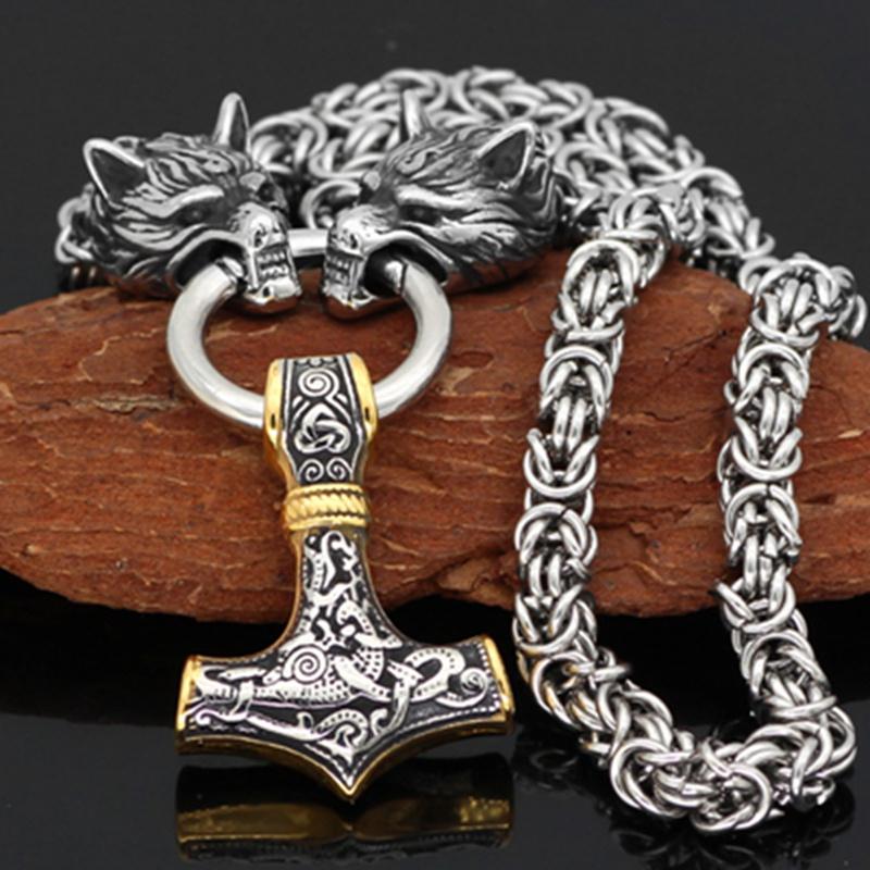 Nordic Herren 316L Edelstahl Wikinger Wolfskopf Stahlkette und Thors Hammer Mjolnir Anhänger Halskette Wikinger Herren Amulett Schmuck Geschenk gold