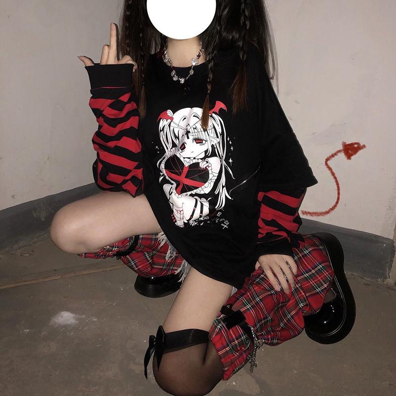 Y2K Damenbekleidung Gothic Damen Sweatshirt Harajuku Gothic Striped Fake Zweiteiliger Hoodie M schwarz