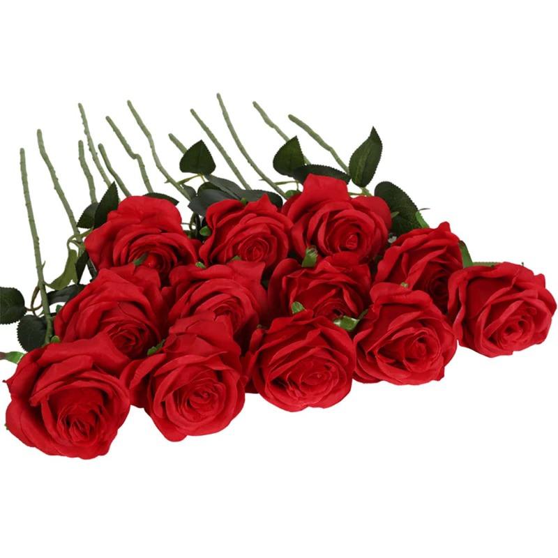 12 Stück große künstliche Seidenrosen, künstliche Blumen mit langem Stiel, künstliche Rosen, lebensechte Blumen für Hochzeit, Zuhause, Party, Tischdekoration rot