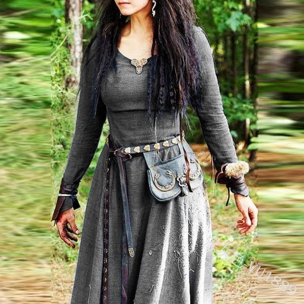 Damenmode Mittelalter Langarm Maxikleid Robe Vintage Fee Elfenkleid Renaissance Keltische Wikinger Kleidung Fantasy Ballkleider L schiefer grau