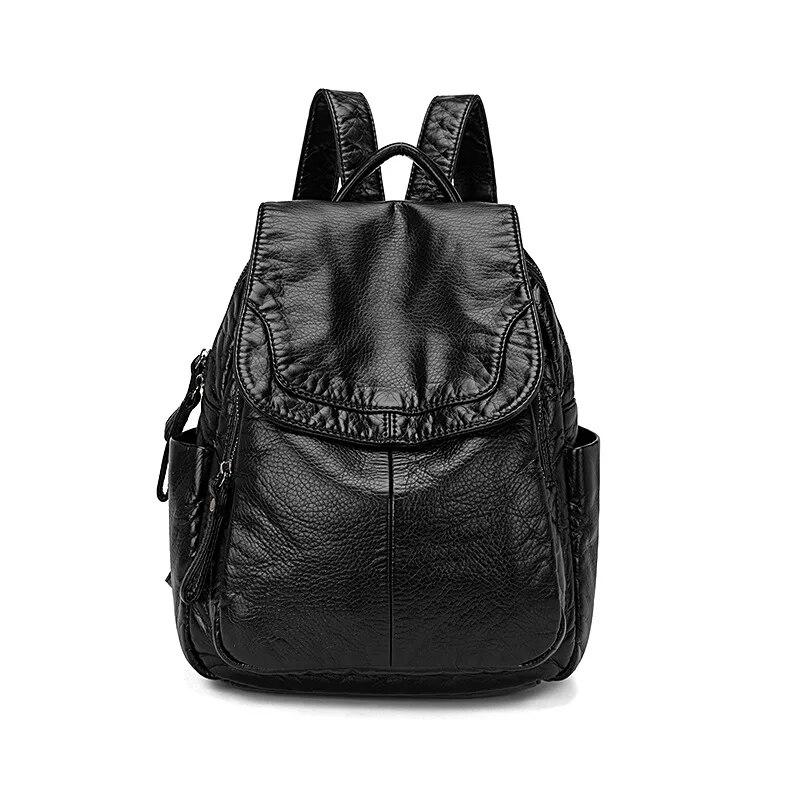 Damenrucksack, weiß gewaschenes Leder, Rucksack für Damen, kleine Schultaschen für Mädchen im Teenageralter, All-Match-Freizeit-Reisetasche schwarz
