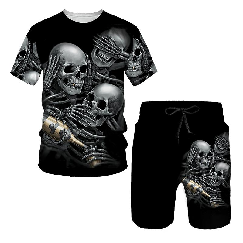 Schädel Druck Übergroßen männer T-shirts Sets Männer der Trainingsanzug Tops Shorts High Street 2pc Sport Und Freizeit Sommer männlichen Anzug 5XL