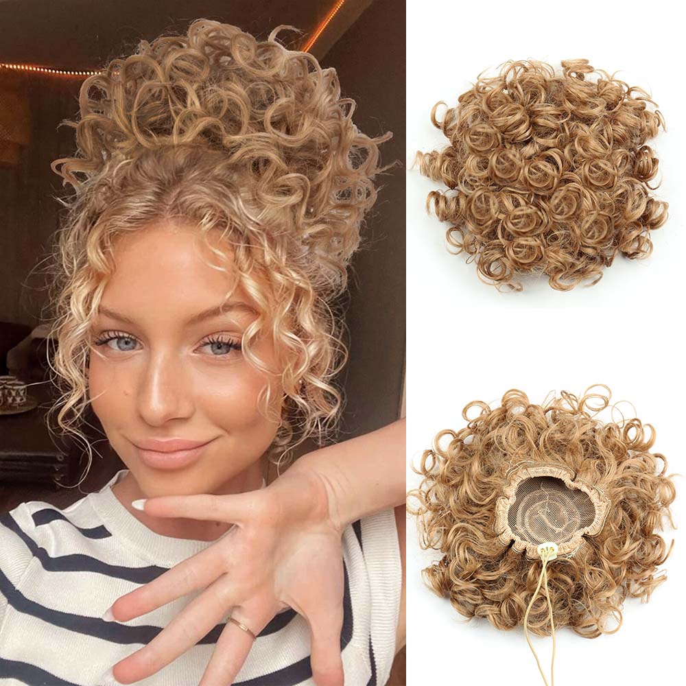 Miss Wig synthetischer, unordentlicher Dutt, 60 g, elastischer Kordelzug, lockere, lockige Haarknoten, Haarteil-Extensions für Frauen, Schwarz 25cm beige