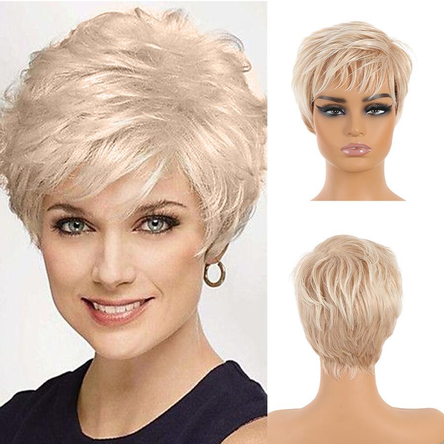 Synthetisches Hellblondes Haar Kurze Lockige Perücke für Frauen Natürlich Flauschig Täglich Party Cosplay Mütter Perücken Blond Pixie Cut Ältere Perücke