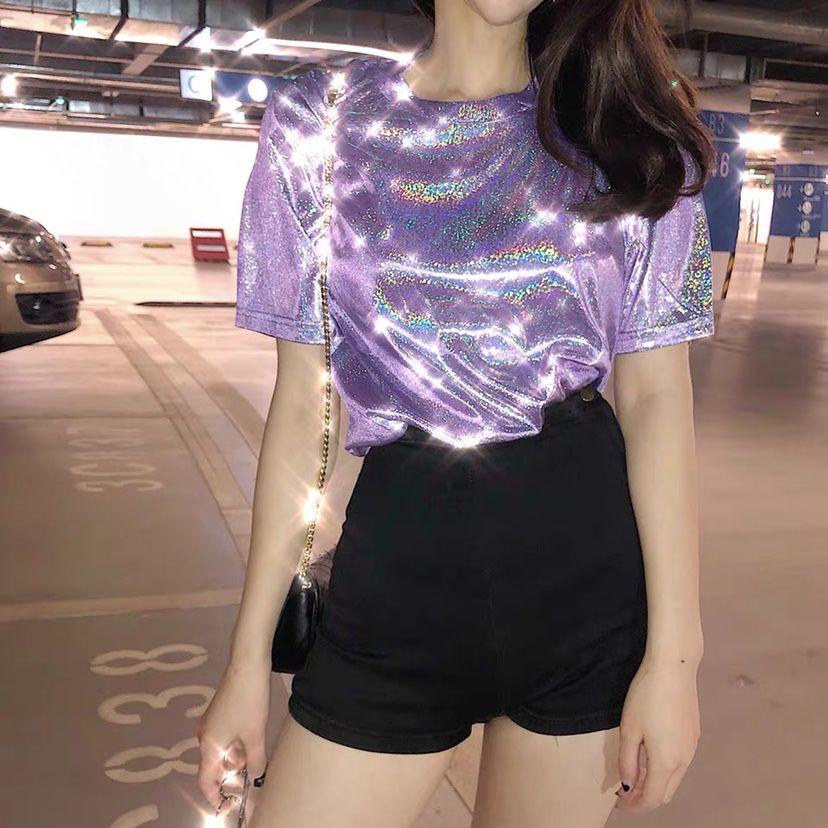 Lose glitzernde stilvolle helle Sommer-Frauen Korea Lady Shining T-Shirts Basic Tees Streetwear Tops 5XL violett