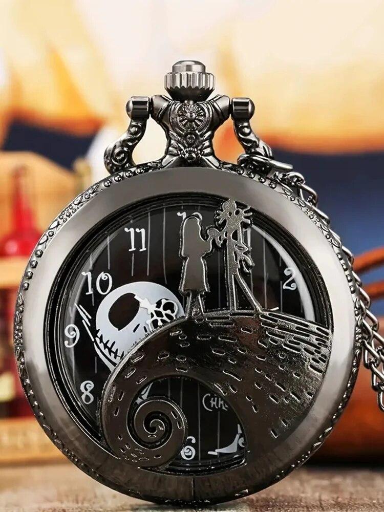 1PC Mode-Liebhaber Skelett Quarzt Taschenuhr mit Kette Halskette Vintage Quarz Anhänger Uhren Uhr Kette Herren Frauen