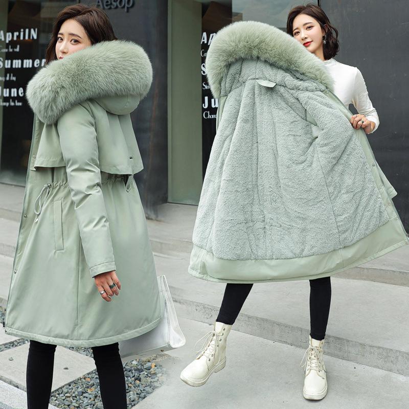 Winter Jacke 2023 Neue Frauen Parka Kleidung Langen Mantel Wolle Liner Mit Kapuze Jacke Pelz Kragen Dicke Warme Schnee Tragen Gepolsterte parka 6XL XL grün