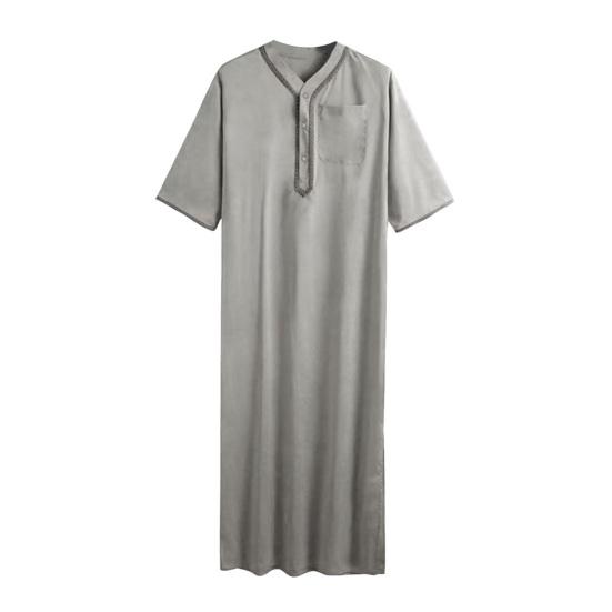 Herren-Kaftan-Gewand, einfarbig, mittelärmelig, langer Thobe, V-Ausschnitt, Abaya, Gebetskleidung, Ihram-Gewand für den Sommer und den Alltag XL grau