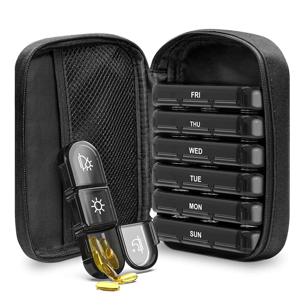 Wöchentliche Pillenboxen 21 Fächer 3 Mal täglich Feuchtigkeitsdichte Pillendose mit Etui für Vitamine Medikamente Fischöle schwarz